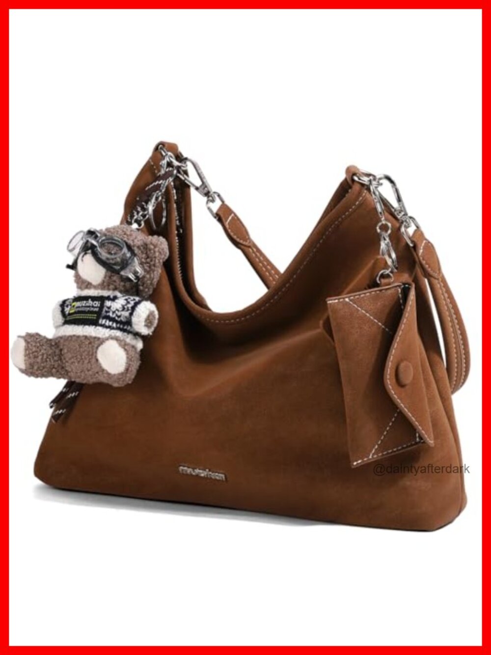 Vintage Hobo Tote Bag Soft Faux Suede Slouchy Shoulder Handbag with Bear Charm